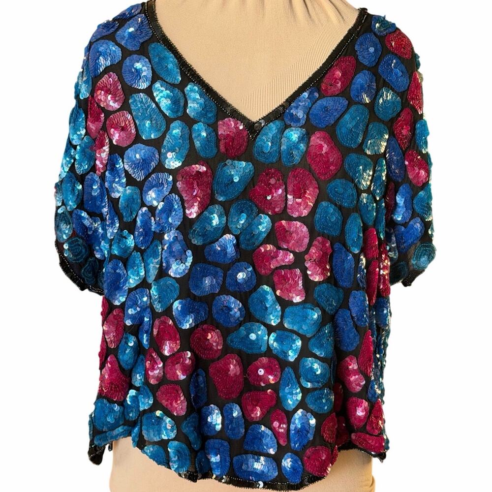 Vintage Judith Ann Creations 100% Silk Sequin Top | Blue Magenta | Size L
